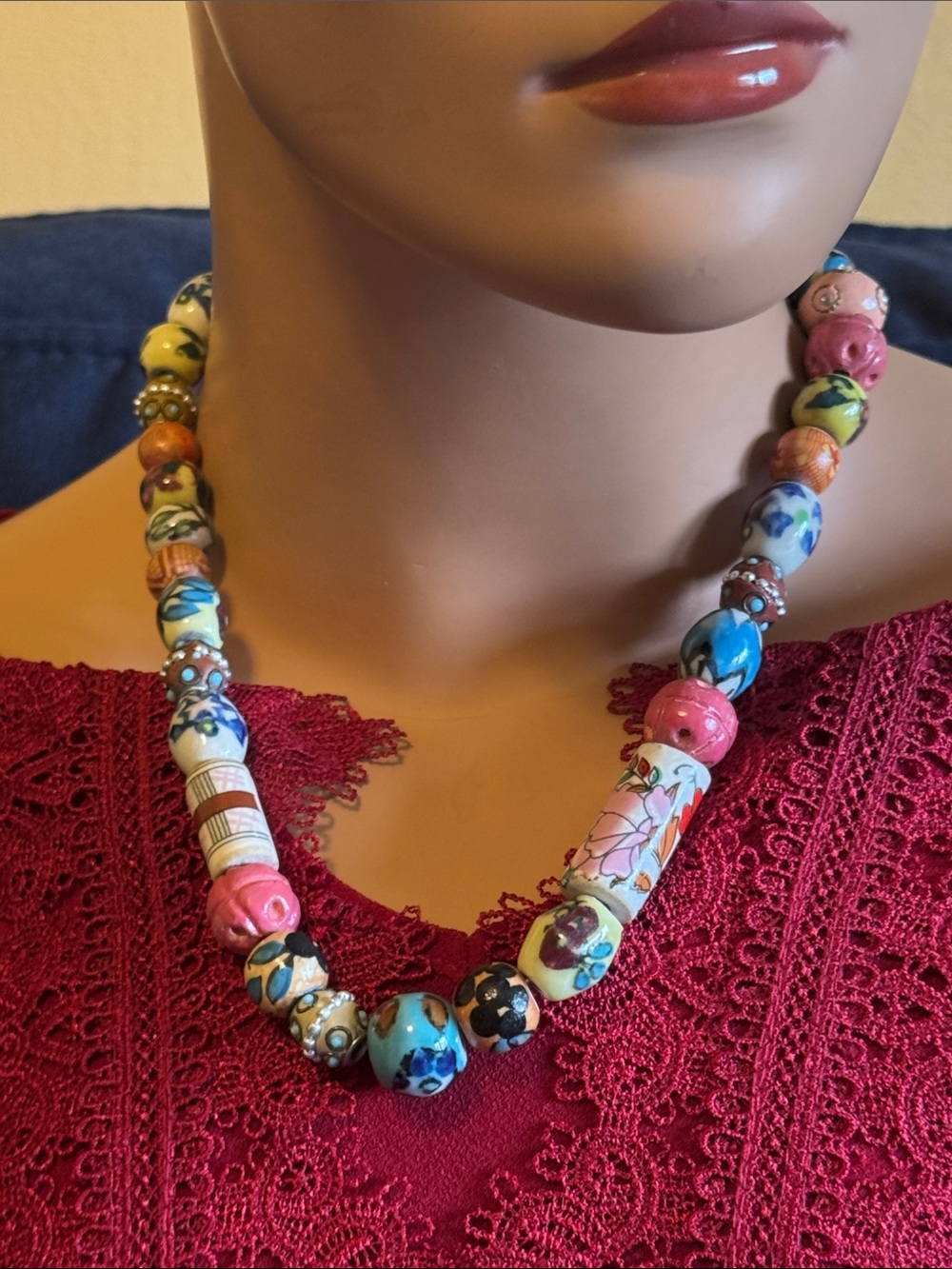 Colorful boho-style ceramic and wood beaded necklace